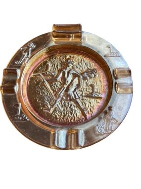 vintage Dugan or Imperial Marigold carnival glass ashtray polo player